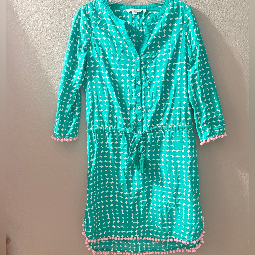 Boden Kelly Green & White Printed Tie-Waist 3/4 Sleeve Dress With Pink Pom Trim